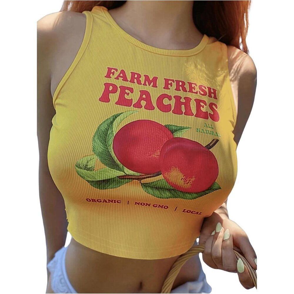 Women's Plus Size Graphic Crop Tank Top Sleeveless Slim Fit Ribbed Tee